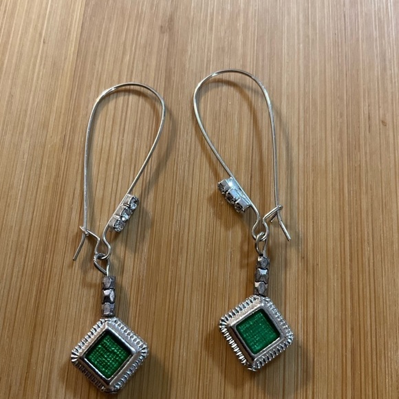 Hand Crafted Jewelry - Hand Crafted Earrings Green Enamel Charm on Fish Hook with Rhinestones